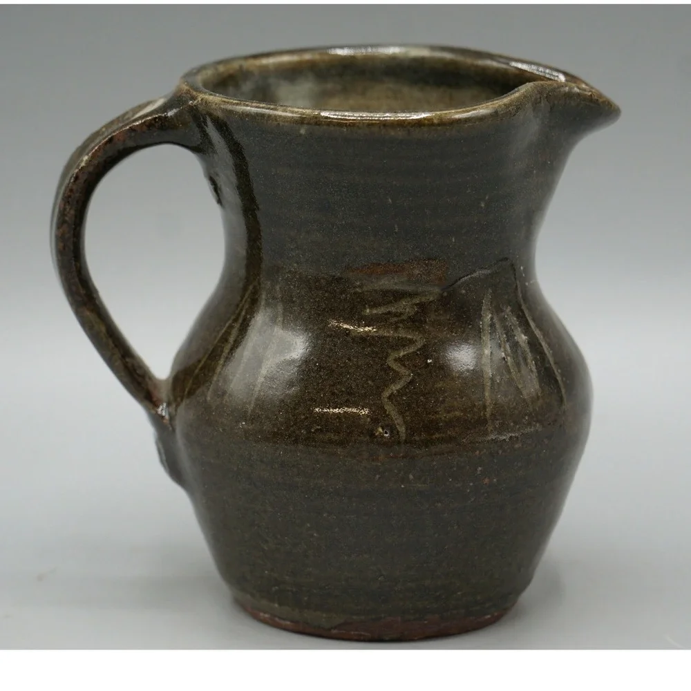 Small Studio Pottery Pitcher Ash Glaze Incised Zigzag Design Stoneware 5